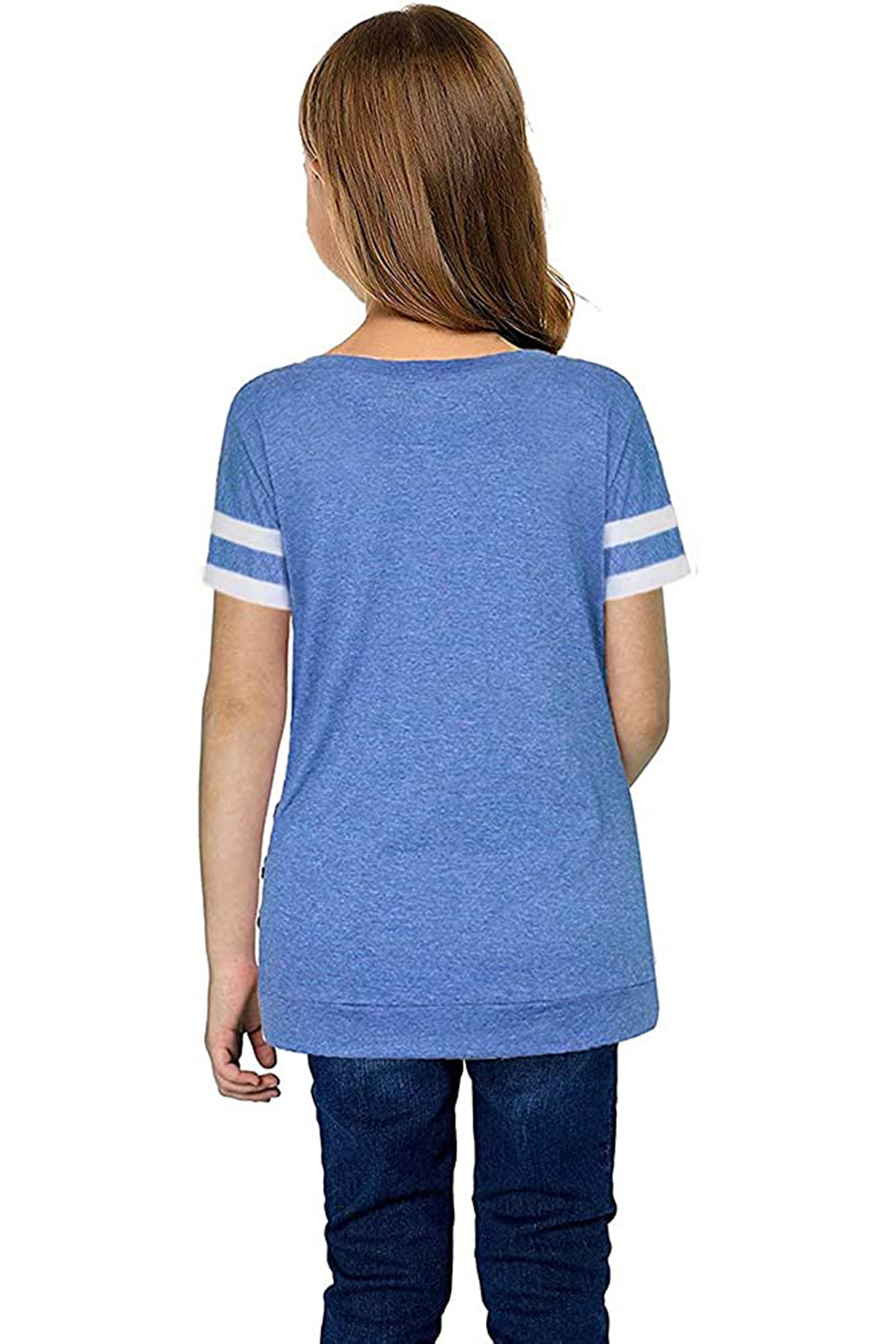 Sky Blue Striped Sleeves Little Girl Tee With Buttoned Side