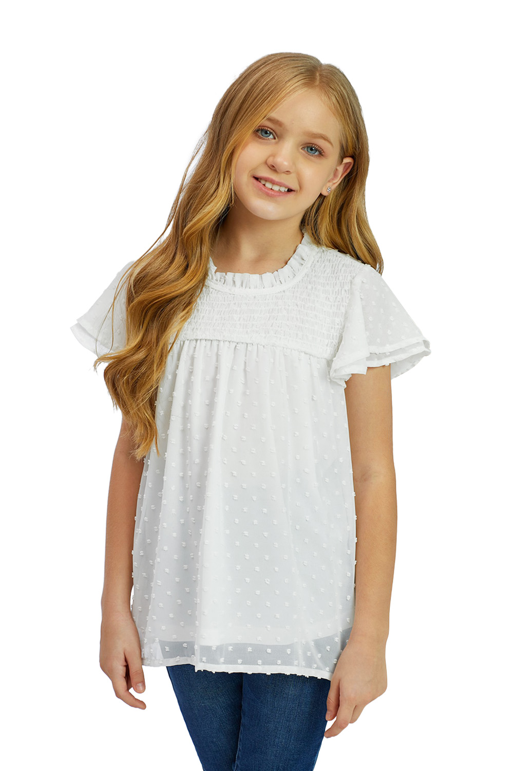 White Little Girl Swiss Dot Ruffle Sleeves Top