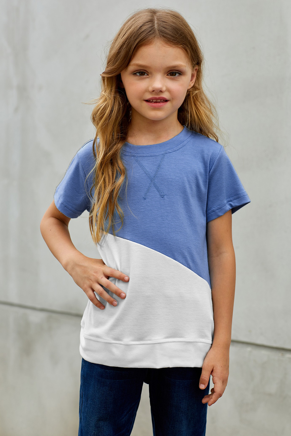 Sky Blue Colorblock Splicing Little Girl Tee