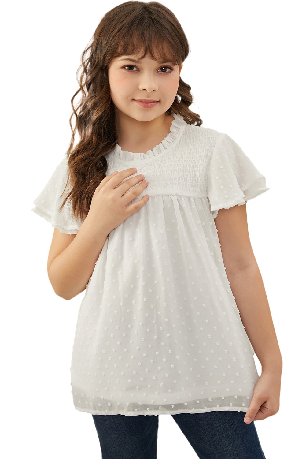 White Little Girl Swiss Dot Ruffle Sleeves Top