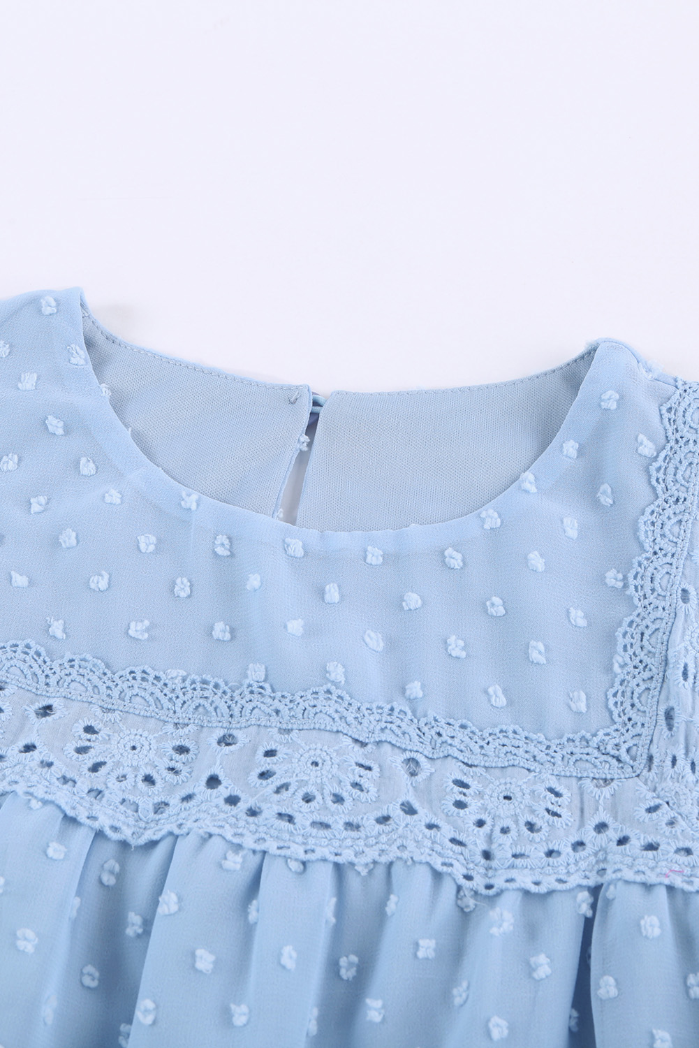 Sky Blue Swiss Dot Print Hollow Out Girl's Blouse