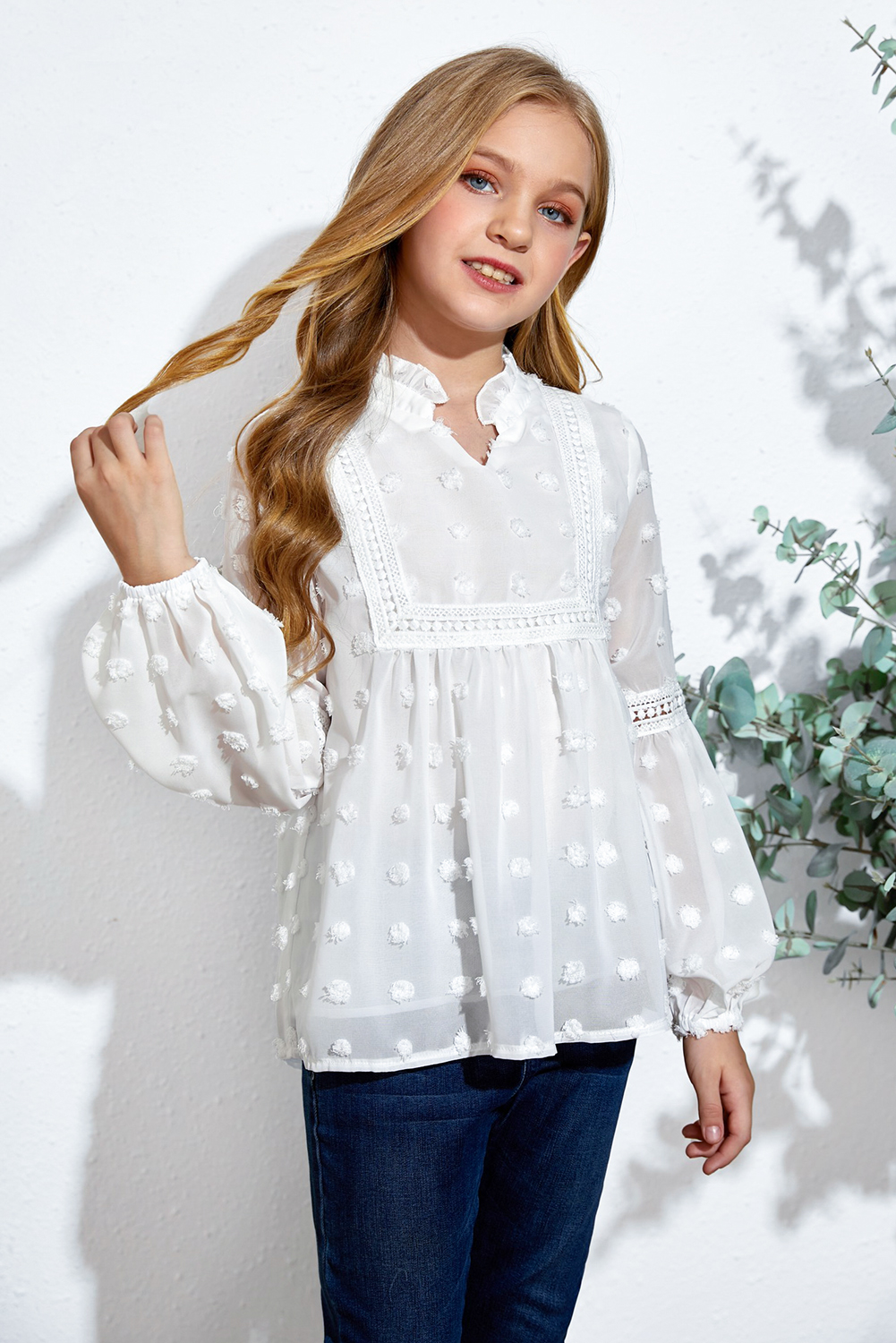 White Split Neck Swiss Dot Little Girls' Blouse