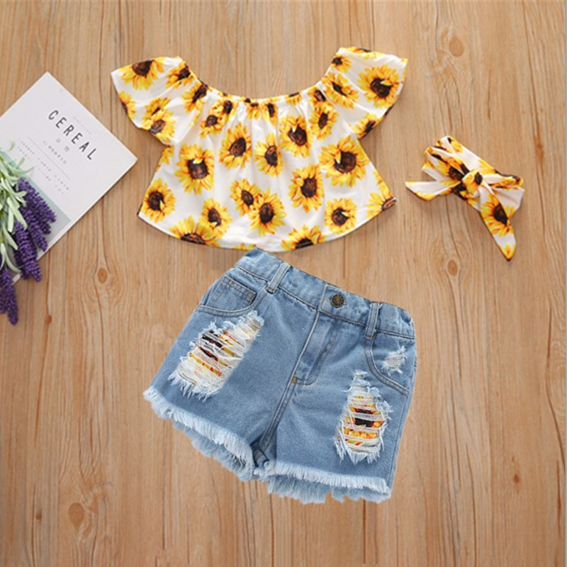 Girl's Sunflower Top & Ripped Denim Shorts Set