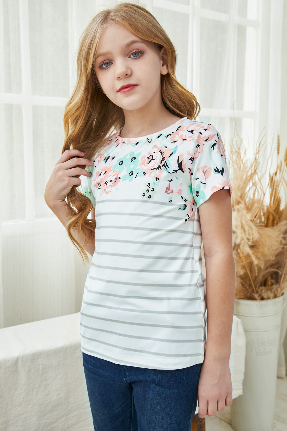 White Round Neck Floral Striped Print Kid's Tee