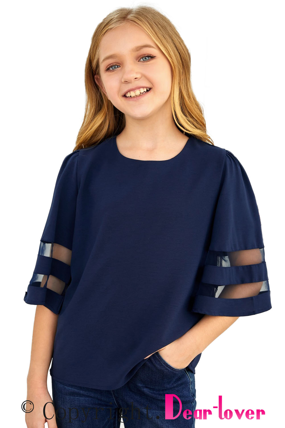 Dark Blue Girl's 3/4 Bell Sleeve Mesh Panel Blouse