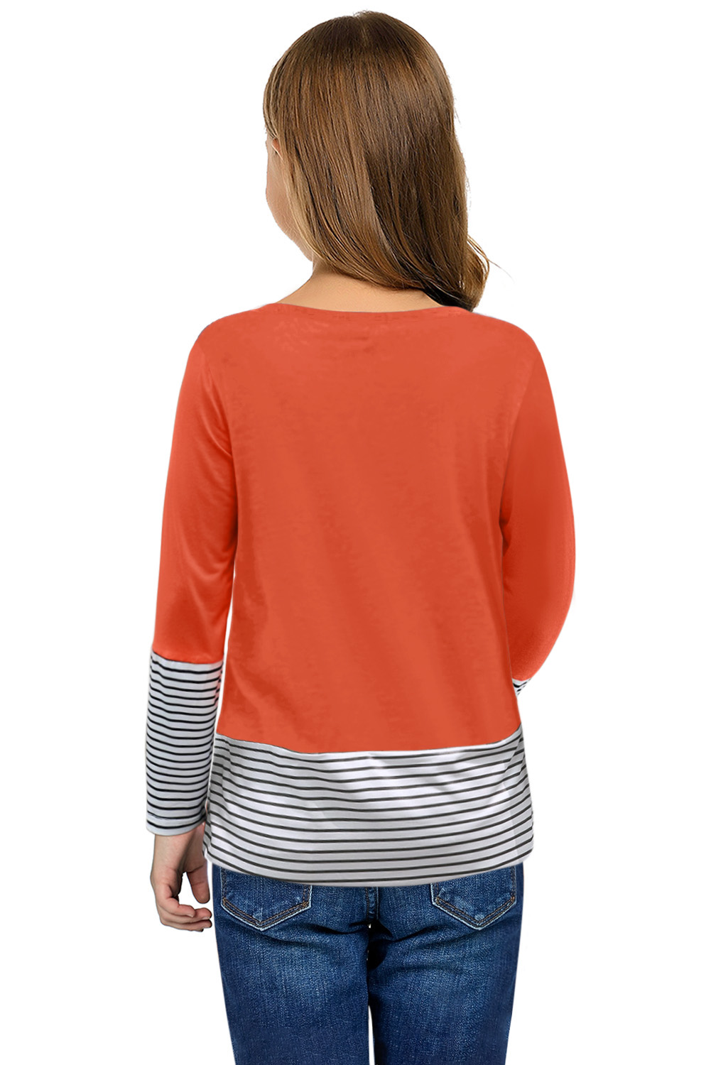 Stripe Patchwork Sequin Pocket Long Sleeve Girl's Top