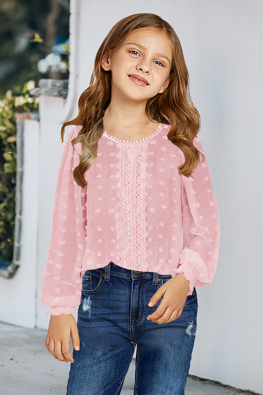 Pink Swiss Dot Lace Splicing Long Sleeve Girl's Blouse