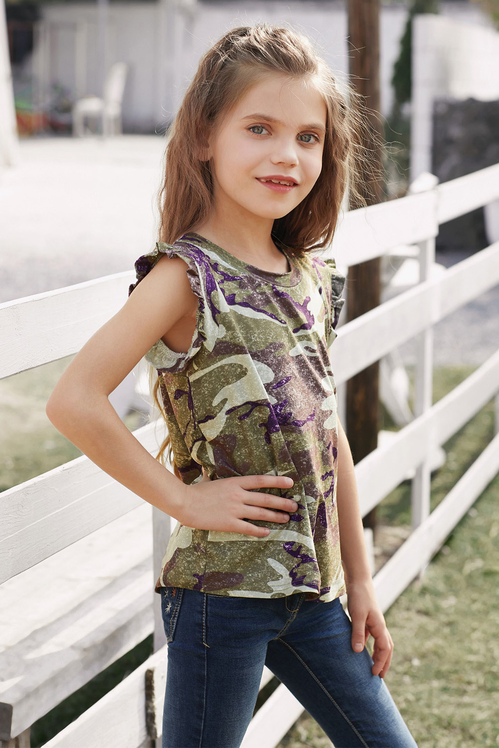 Green Camo Print Flounced Armholes Little Girls’ Tank