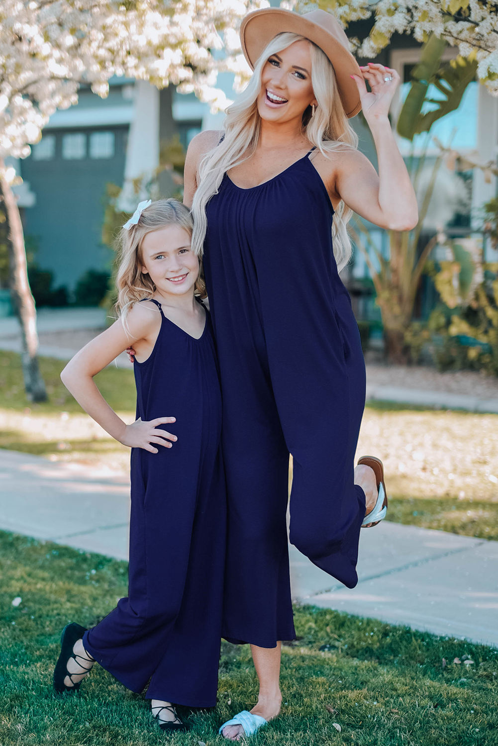 Blue Spaghetti Strap Wide Leg Girl's Jumpsuit With Pocket