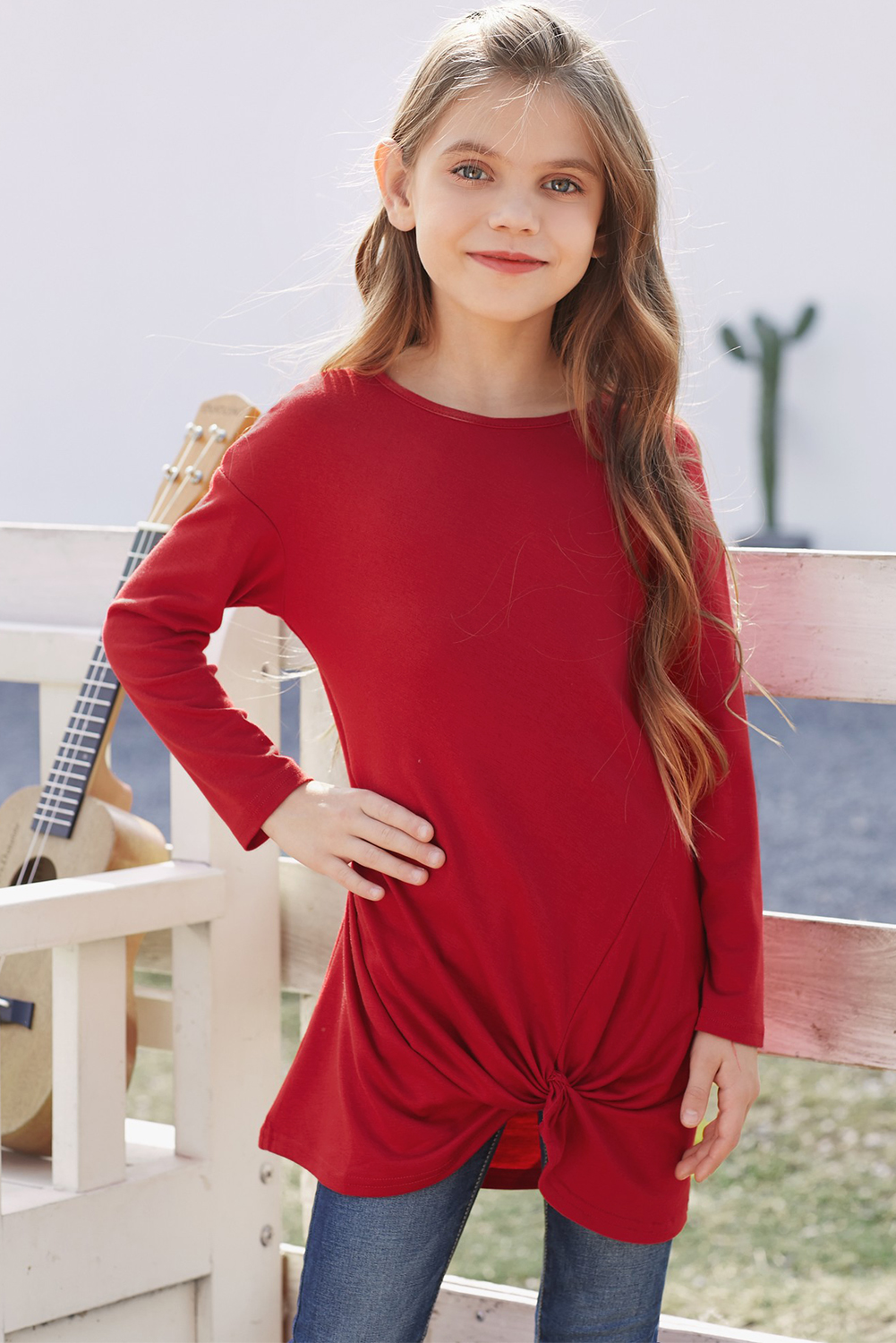 Red Twist Knot Detail Long Sleeve Girl’s Top