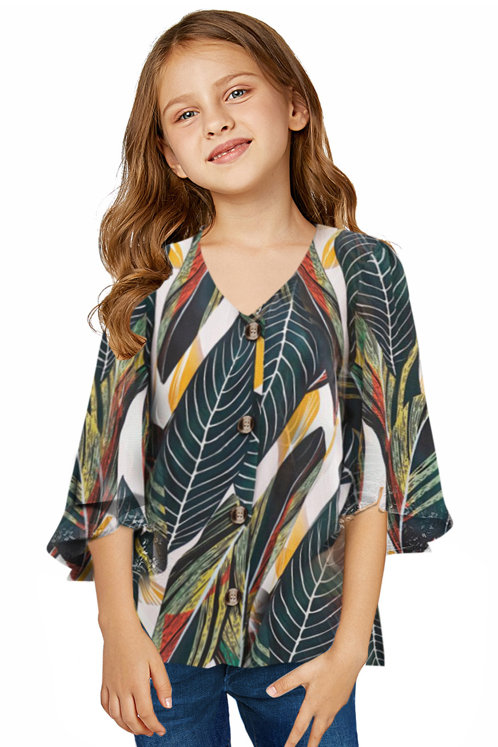 Tropical Leaf V Neck Ruffled Sleeve Buttons Girl's Blouse