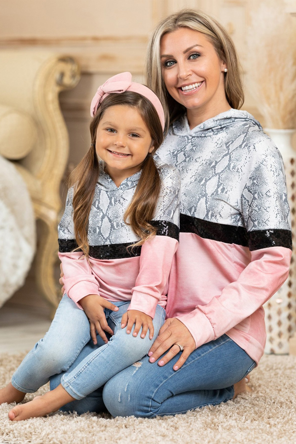 Mommy & Me Snakeskin Sequin Splicing Girl's Hoodie