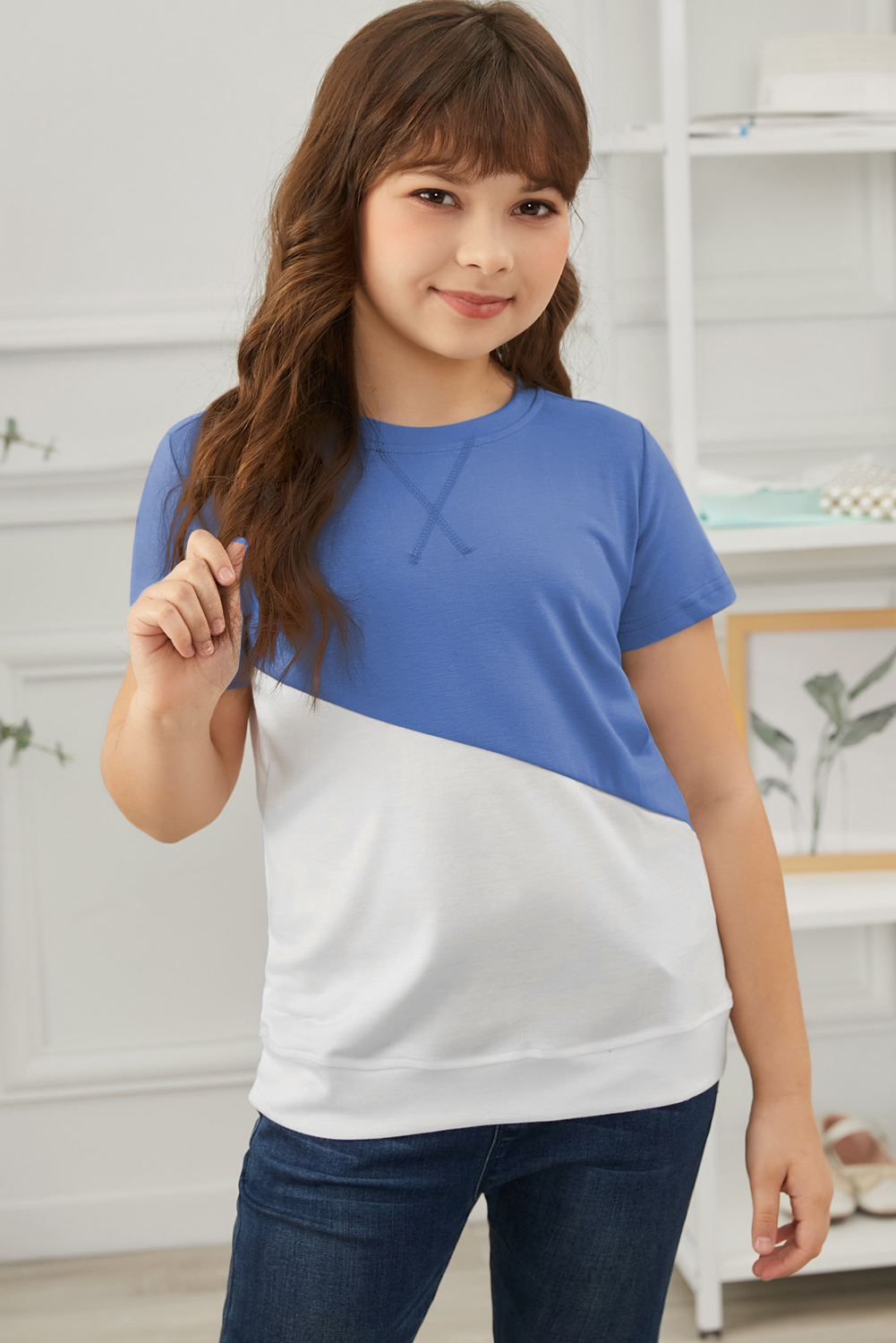 Sky Blue Colorblock Splicing Little Girl Tee