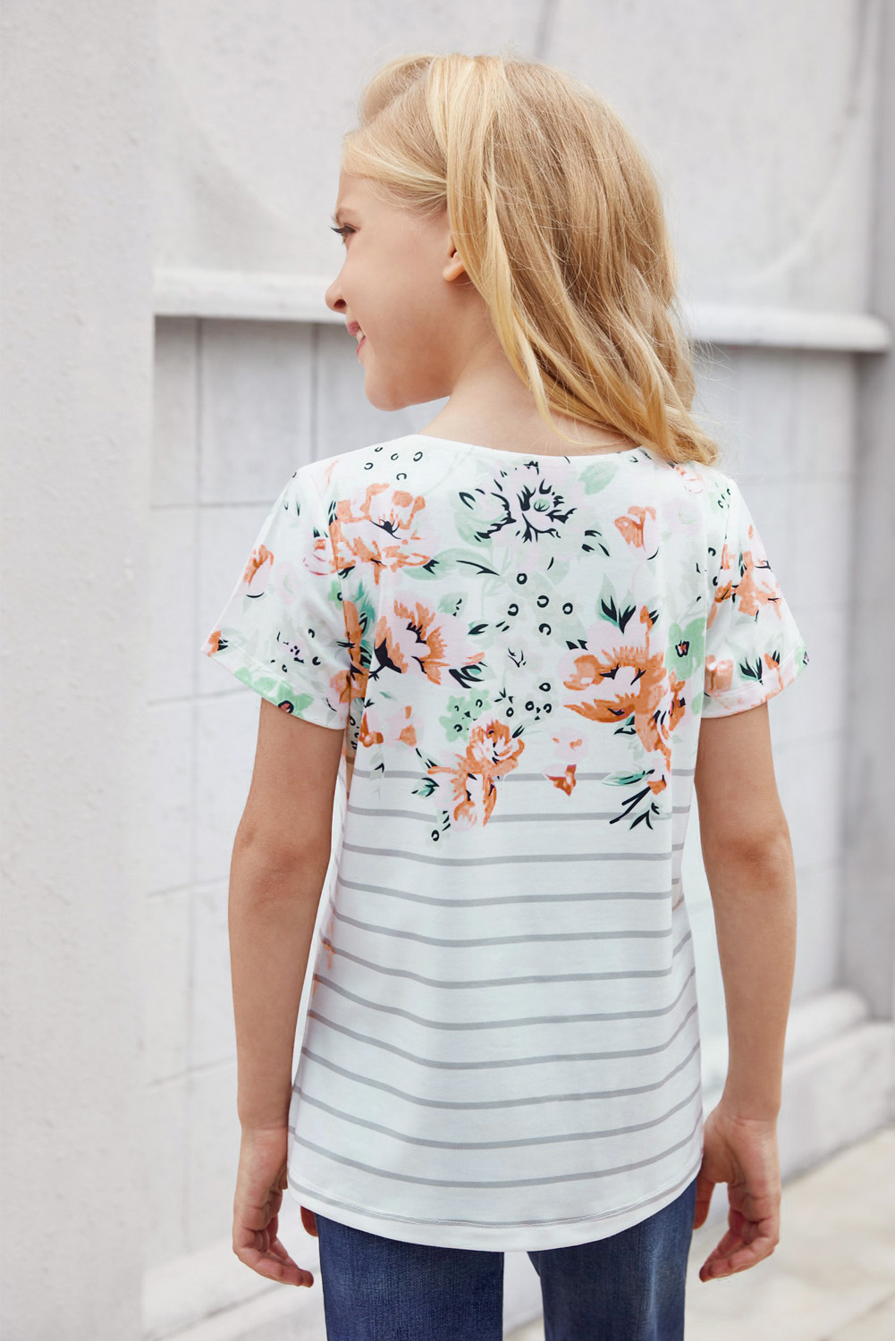 White Round Neck Floral Striped Print Kid's Tee