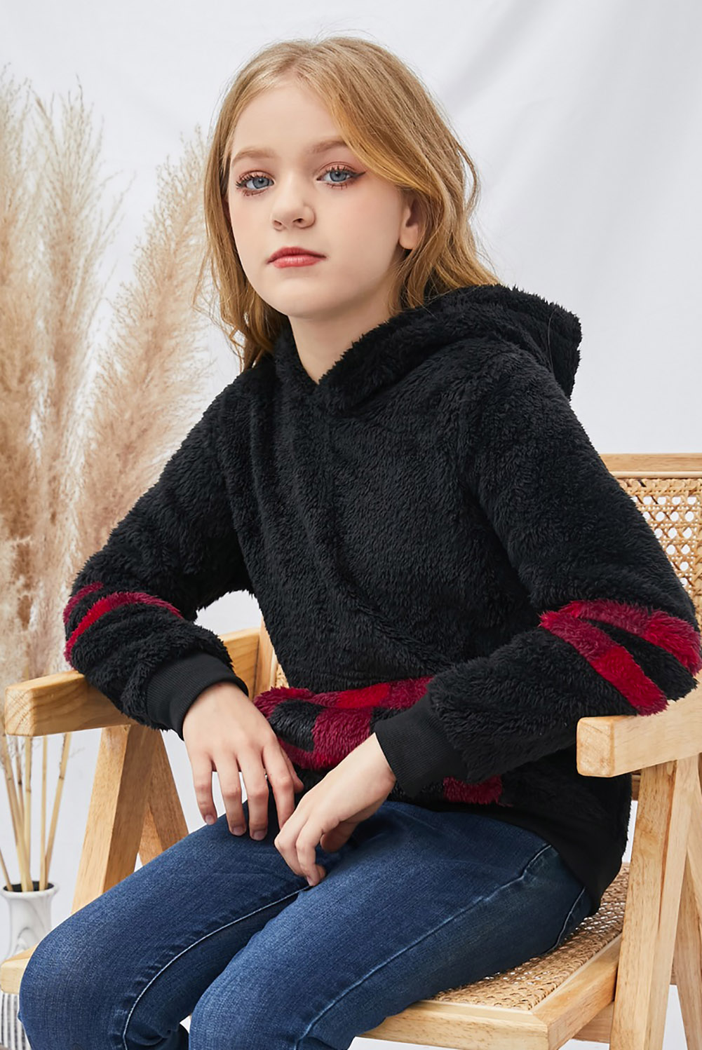 Little Girl Sherpa Plaid Pocket Hoodie