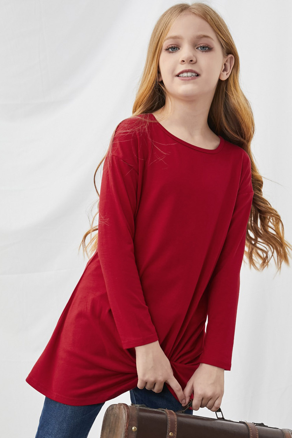 Red Twist Knot Detail Long Sleeve Girl’s Top