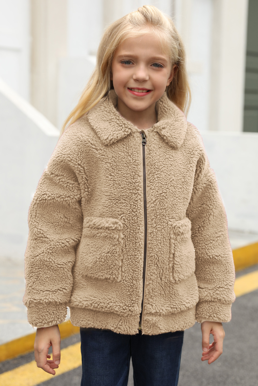 Khaki Lapel Zipper Pockets Girl's Sherpa Coat