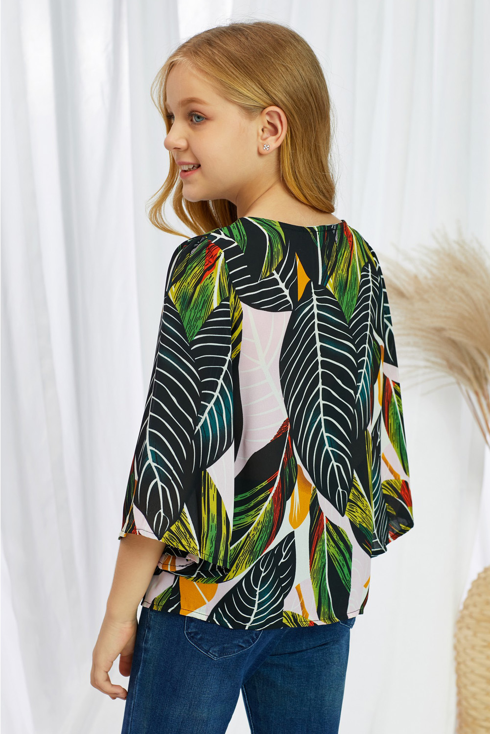 Tropical Leaf V Neck Ruffled Sleeve Buttons Girl's Blouse