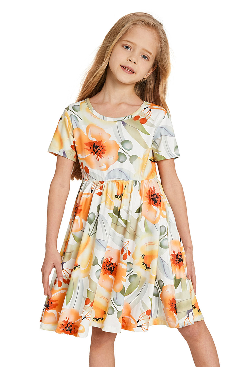 Yellow Crewneck Short Sleeve Floral Girl's Midi Dress