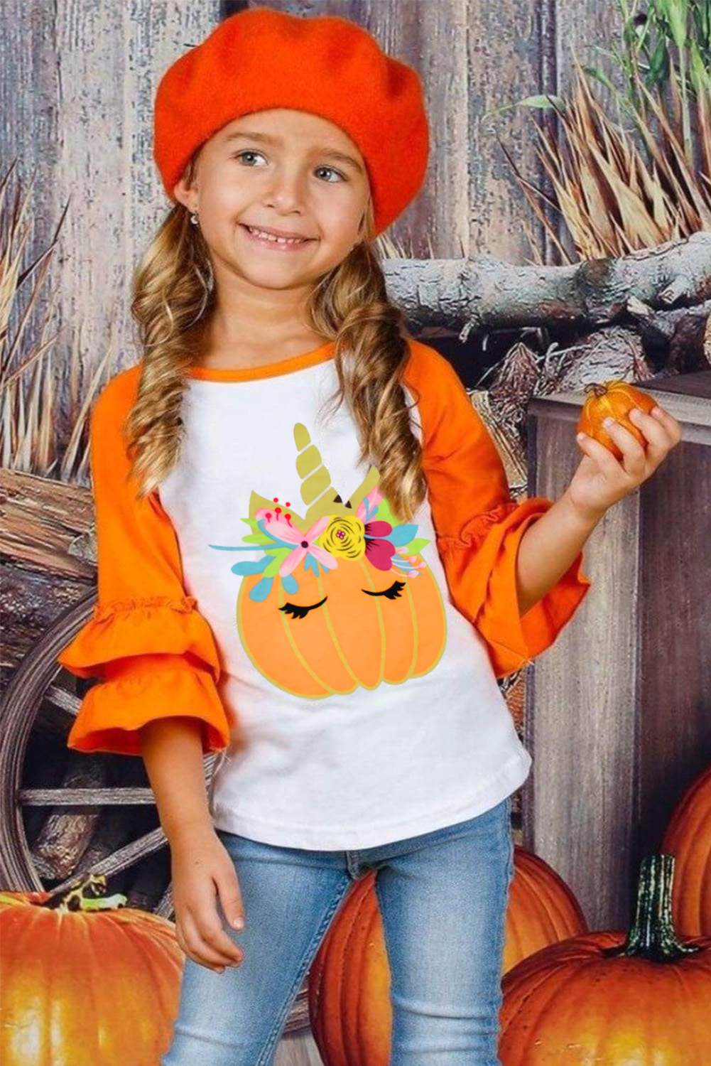 Pumpkin Print Colorblock Ruffled 3/4 Sleeve Girl's Shirt