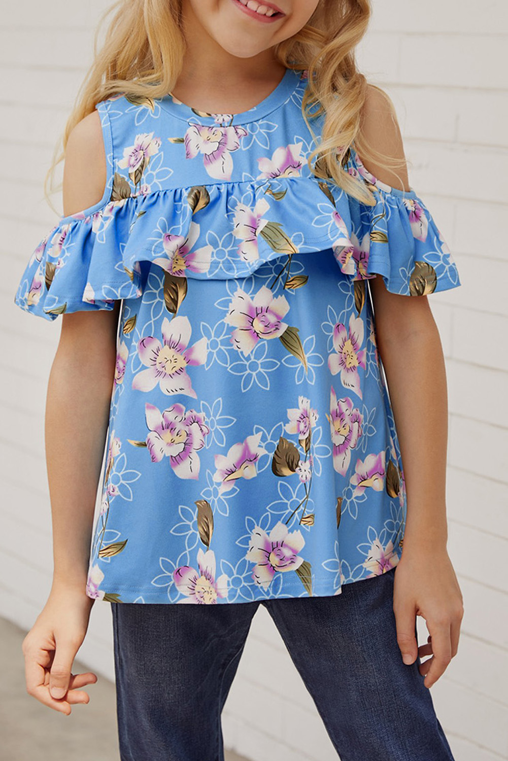 Sky Blue Ruffled Cold Shoulder Floral Girls' Top