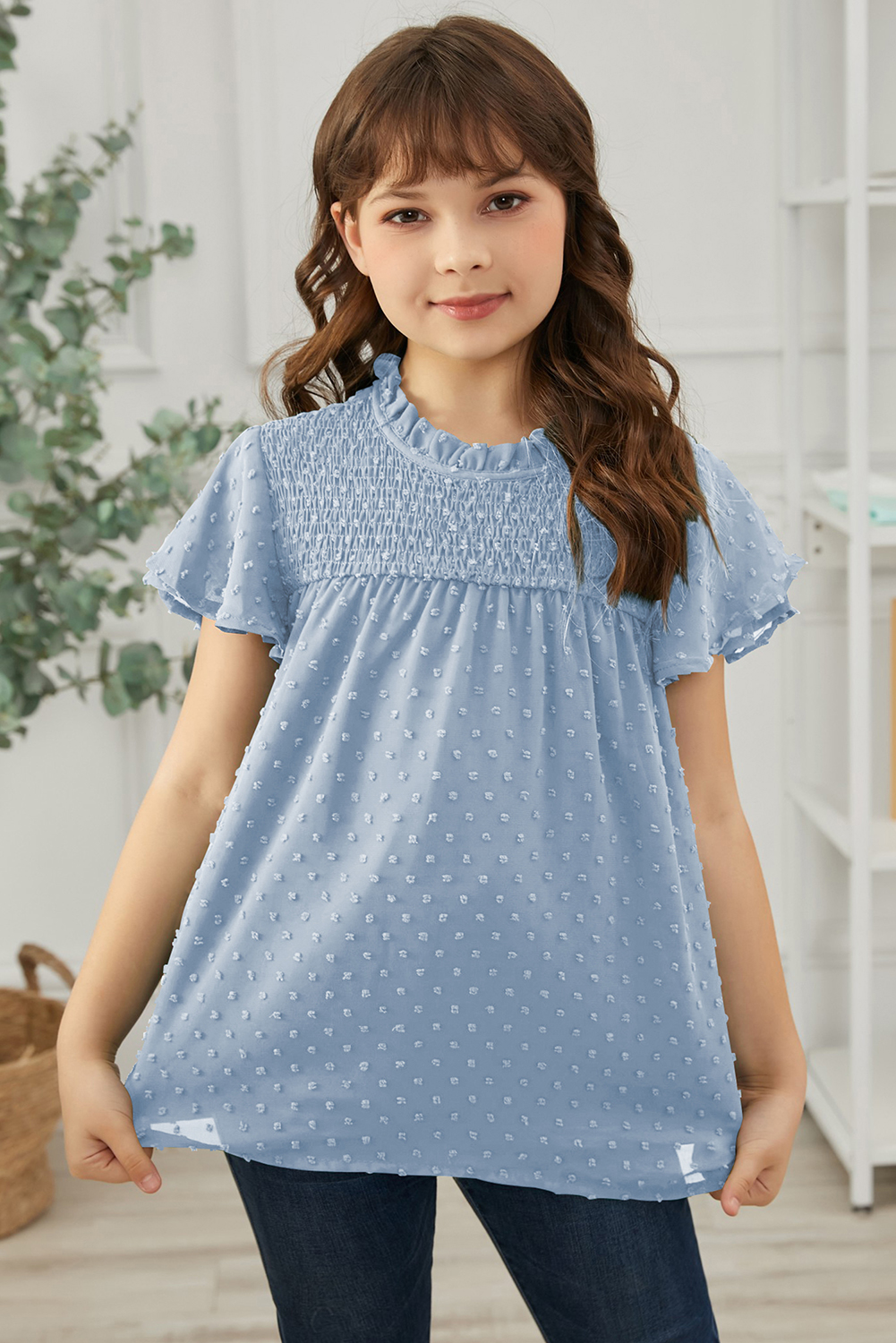 Sky Blue Little Girl Swiss Dot Ruffle Sleeves Top