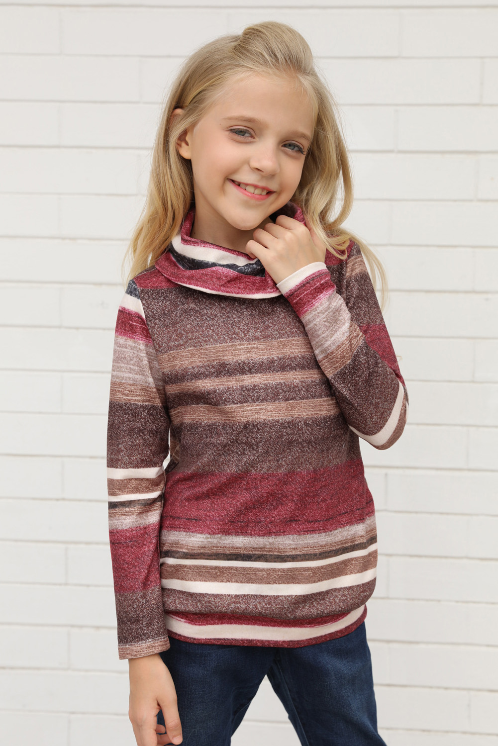 Red Cowl Neck Girl's Striped Sweatshirt