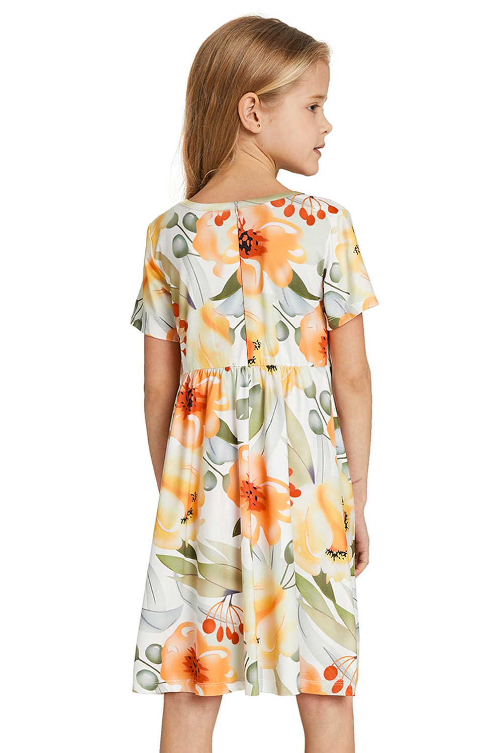 Yellow Crewneck Short Sleeve Floral Girl's Midi Dress