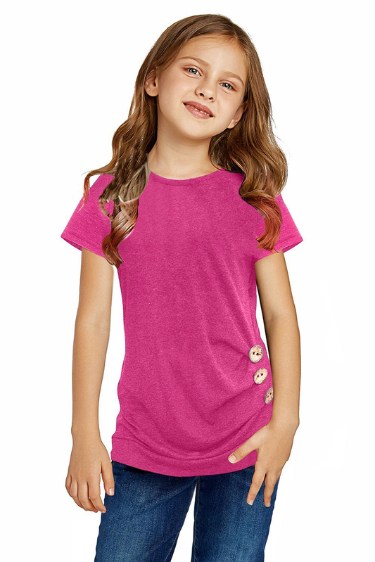 Rose Side Button Detail Short Sleeve T Shirt For Little Girls