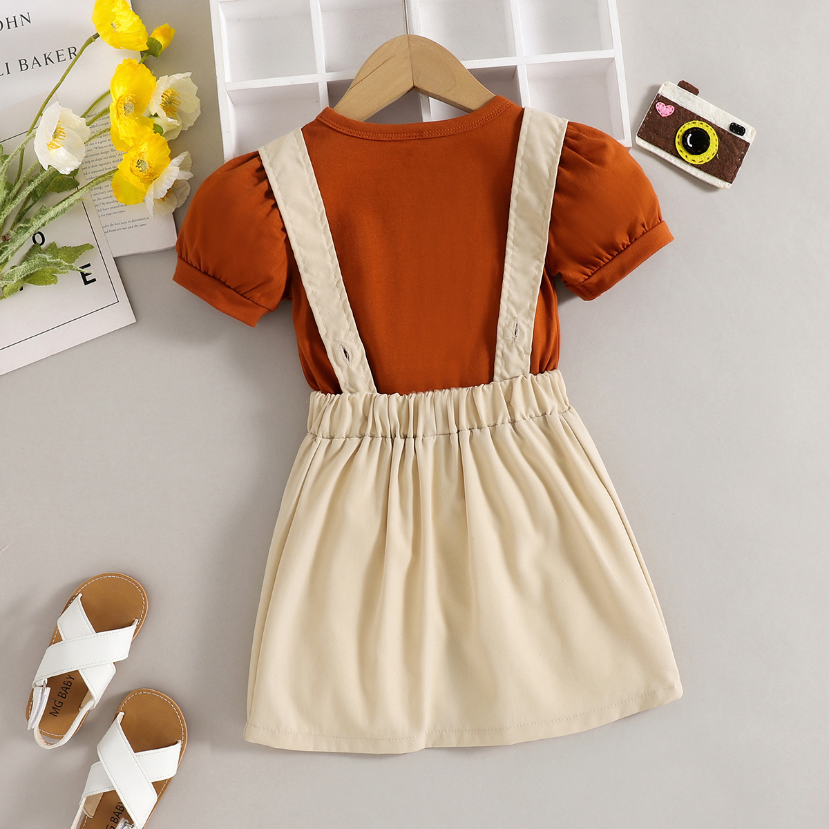 Girls Puff Sleeve Top & Buttoned Suspender Skirt Set