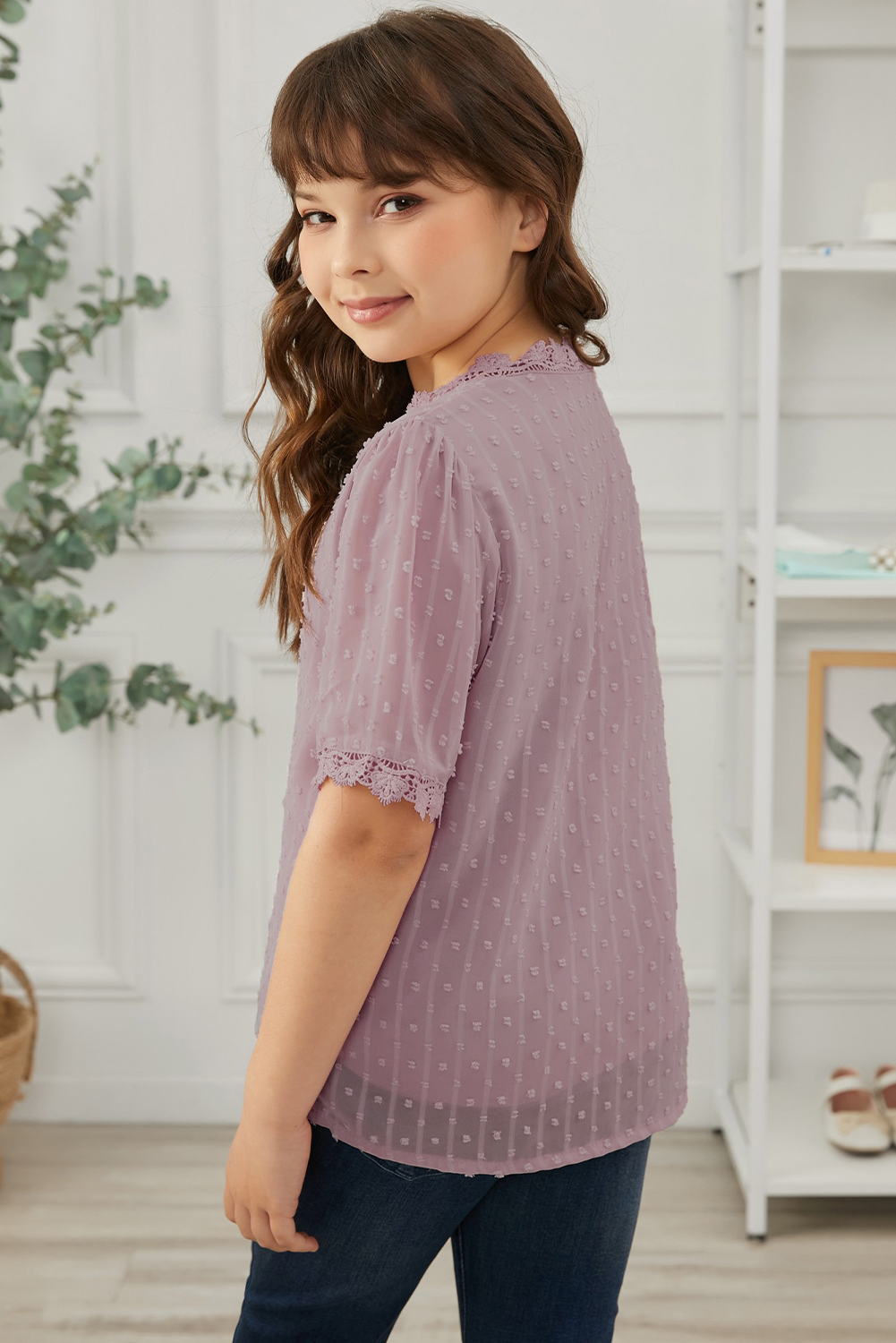 Pink Swiss Dot Lace Short Sleeve Girls Top