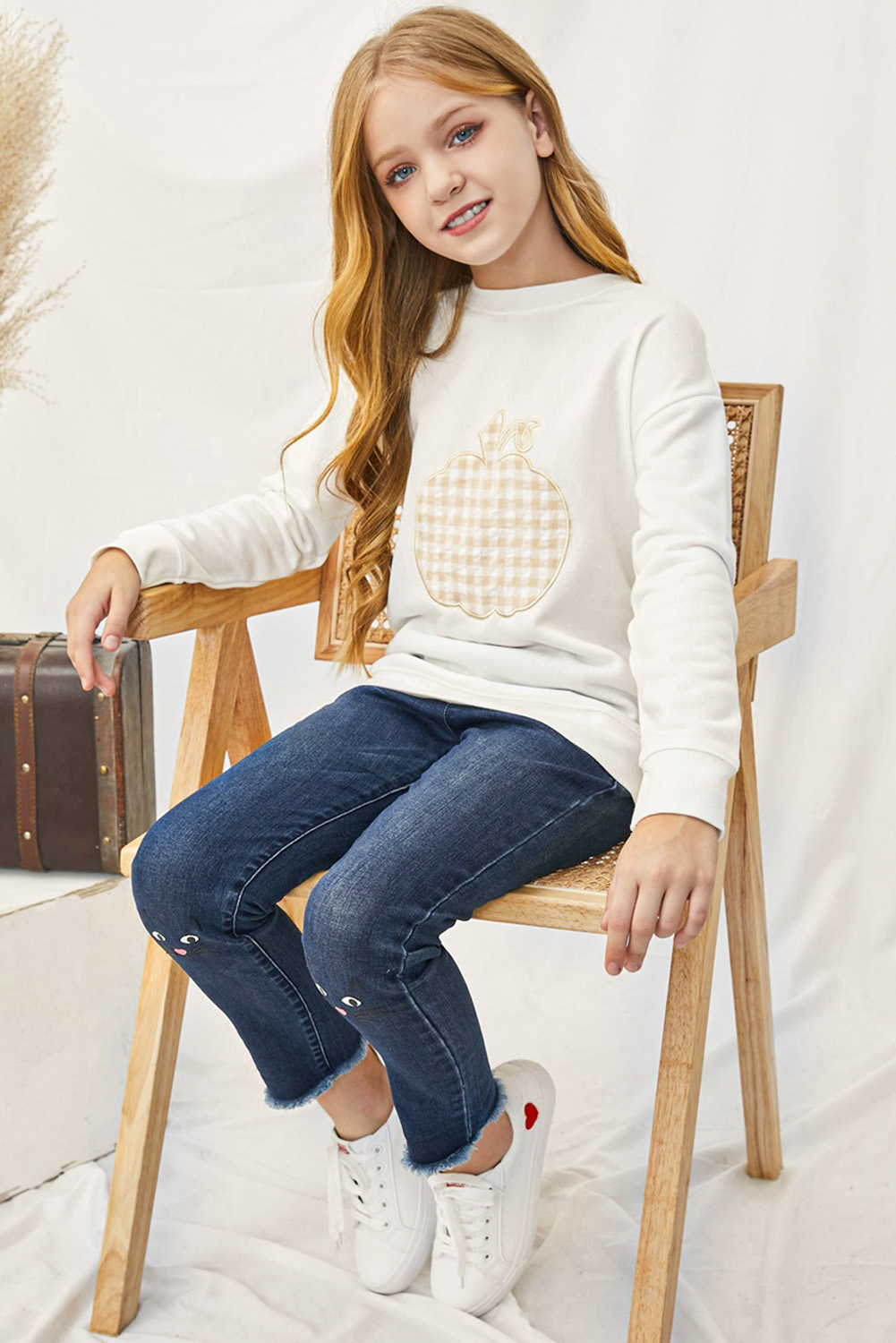 White Plaid Pumpkin Print Girls Pullover Sweatshirt