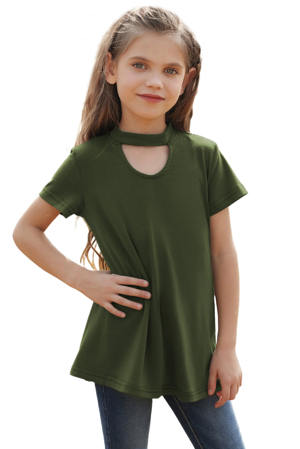 Green Keyhole Girl’s Short Sleeves Top