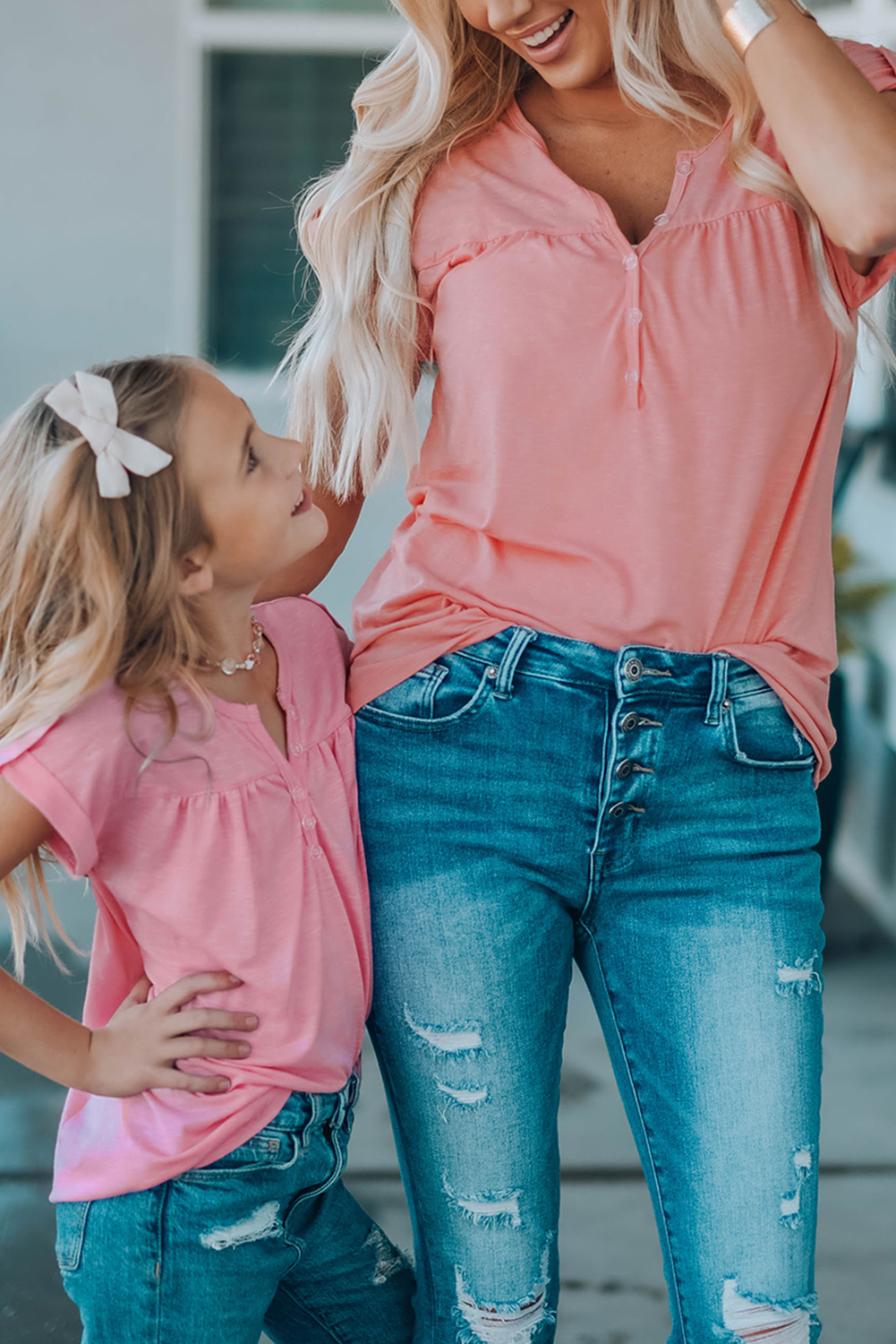 Pink Roll Up Short Sleeve Girls' Top With Buttons