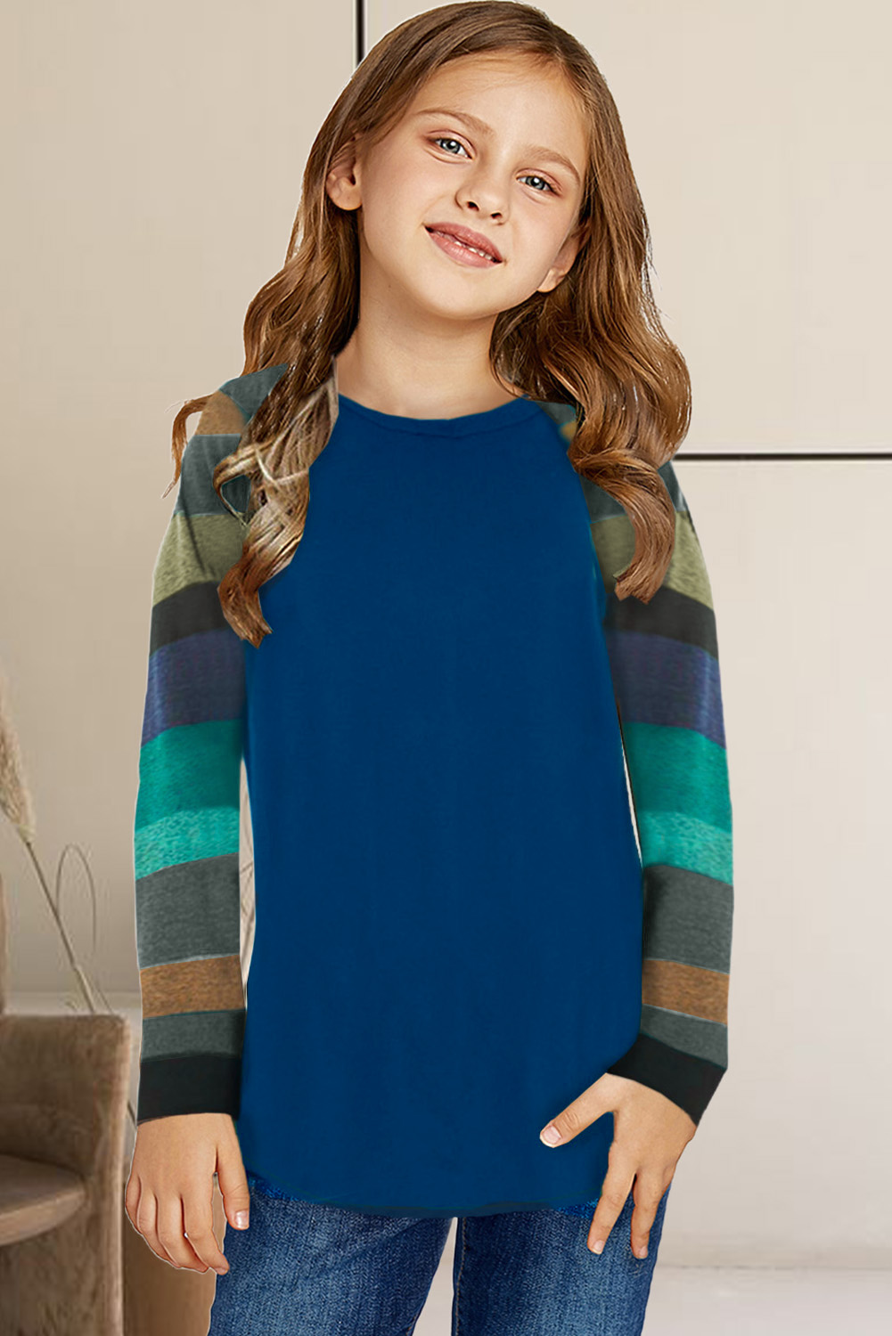 Blue Striped Color Block Girl's Long Sleeve Top