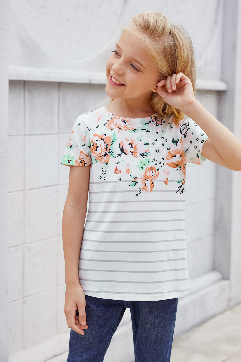 White Round Neck Floral Striped Print Kid's Tee