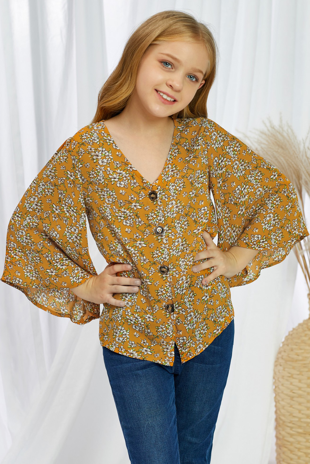 Yellow Floral V Neck Ruffled Sleeve Buttons Girl's Blouse