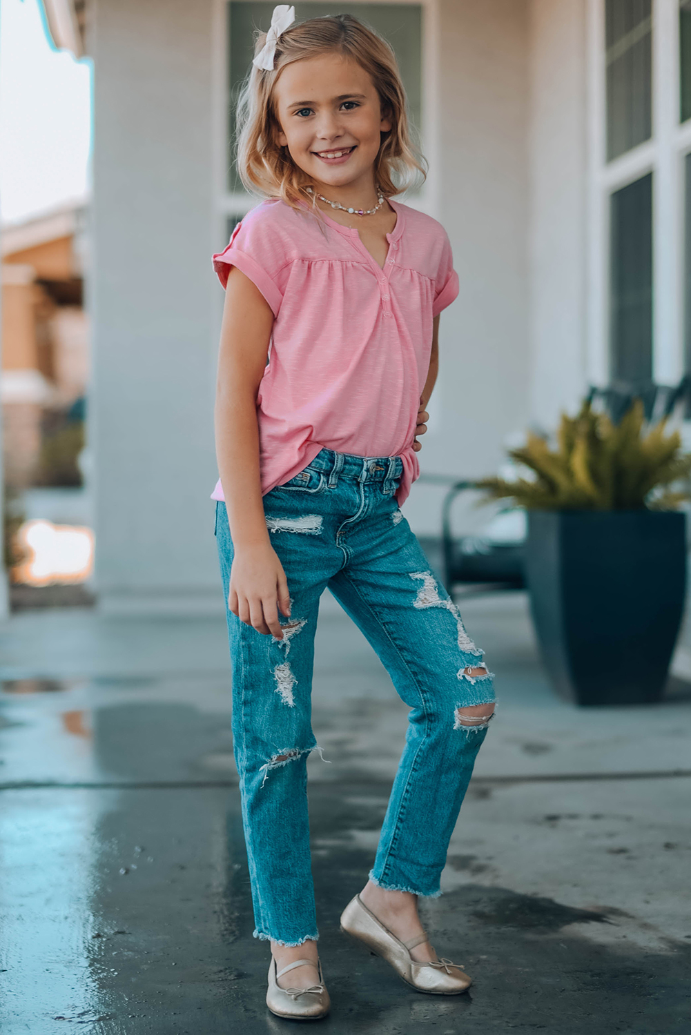 Pink Roll Up Short Sleeve Girls' Top With Buttons