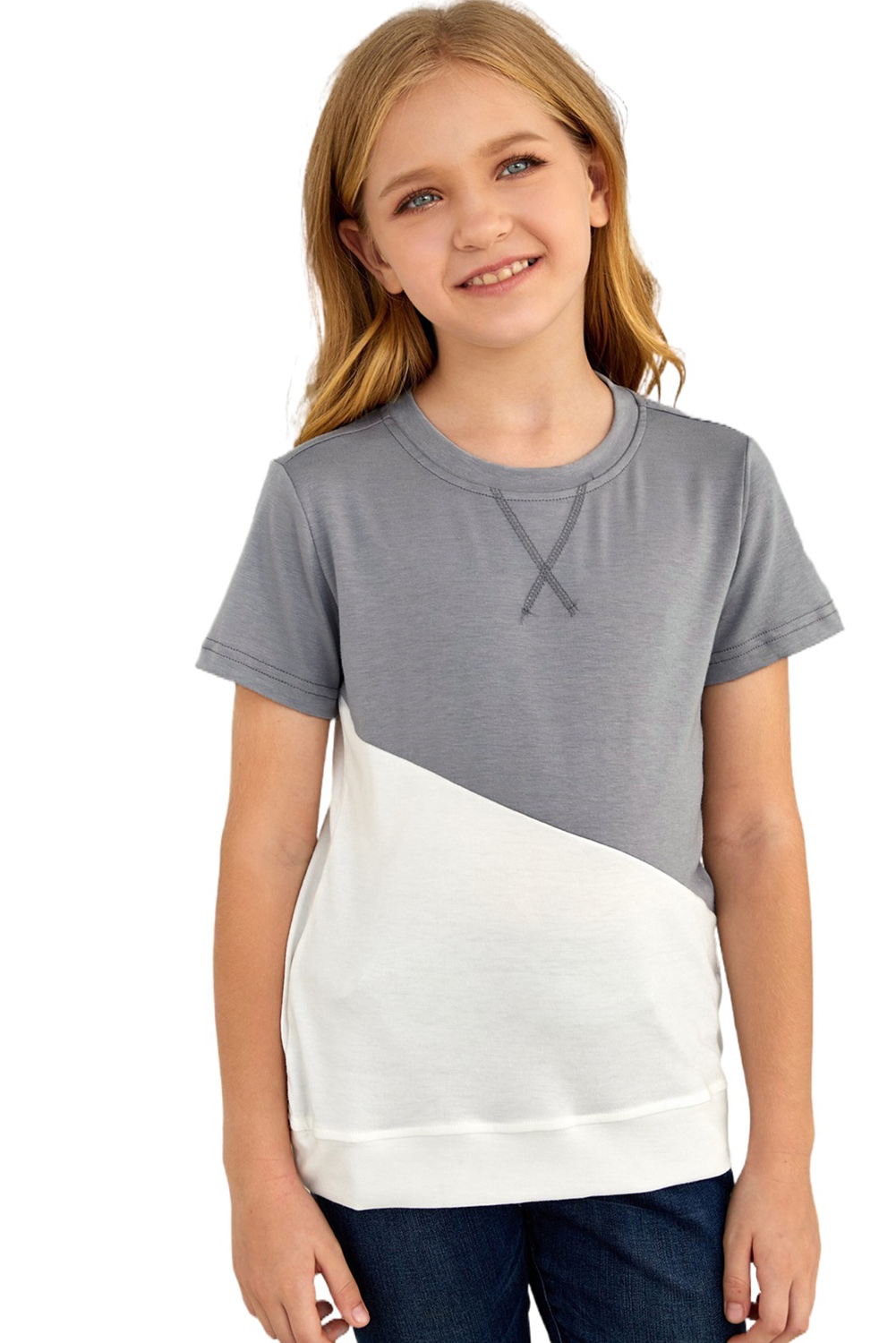 Gray Colorblock Splicing Little Girl Tee