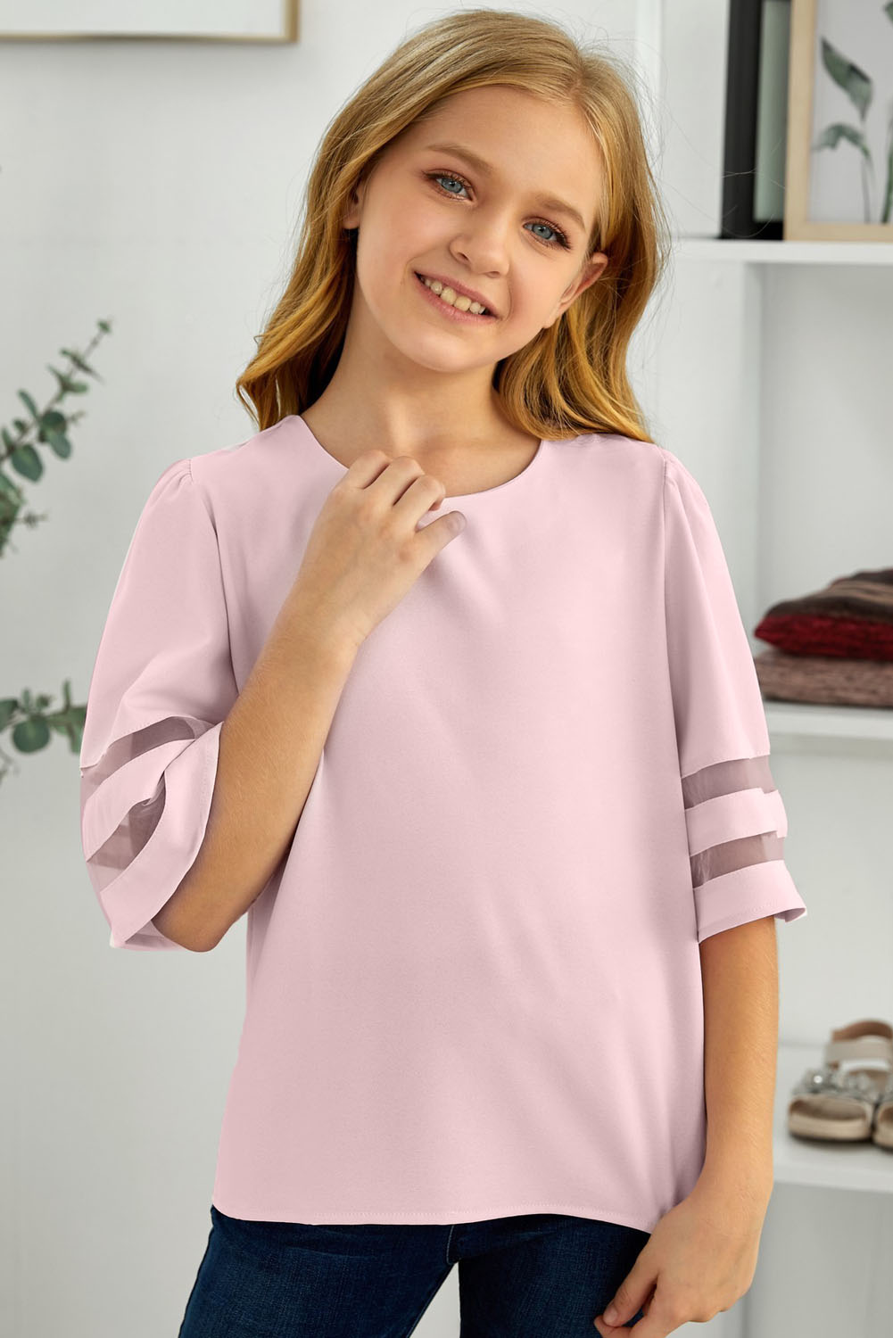 Pink Girl's 3/4 Bell Sleeve Mesh Panel Blouse