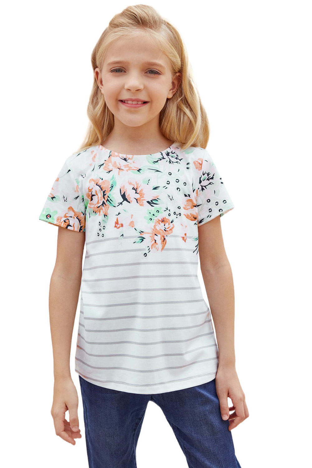 White Round Neck Floral Striped Print Kid's Tee