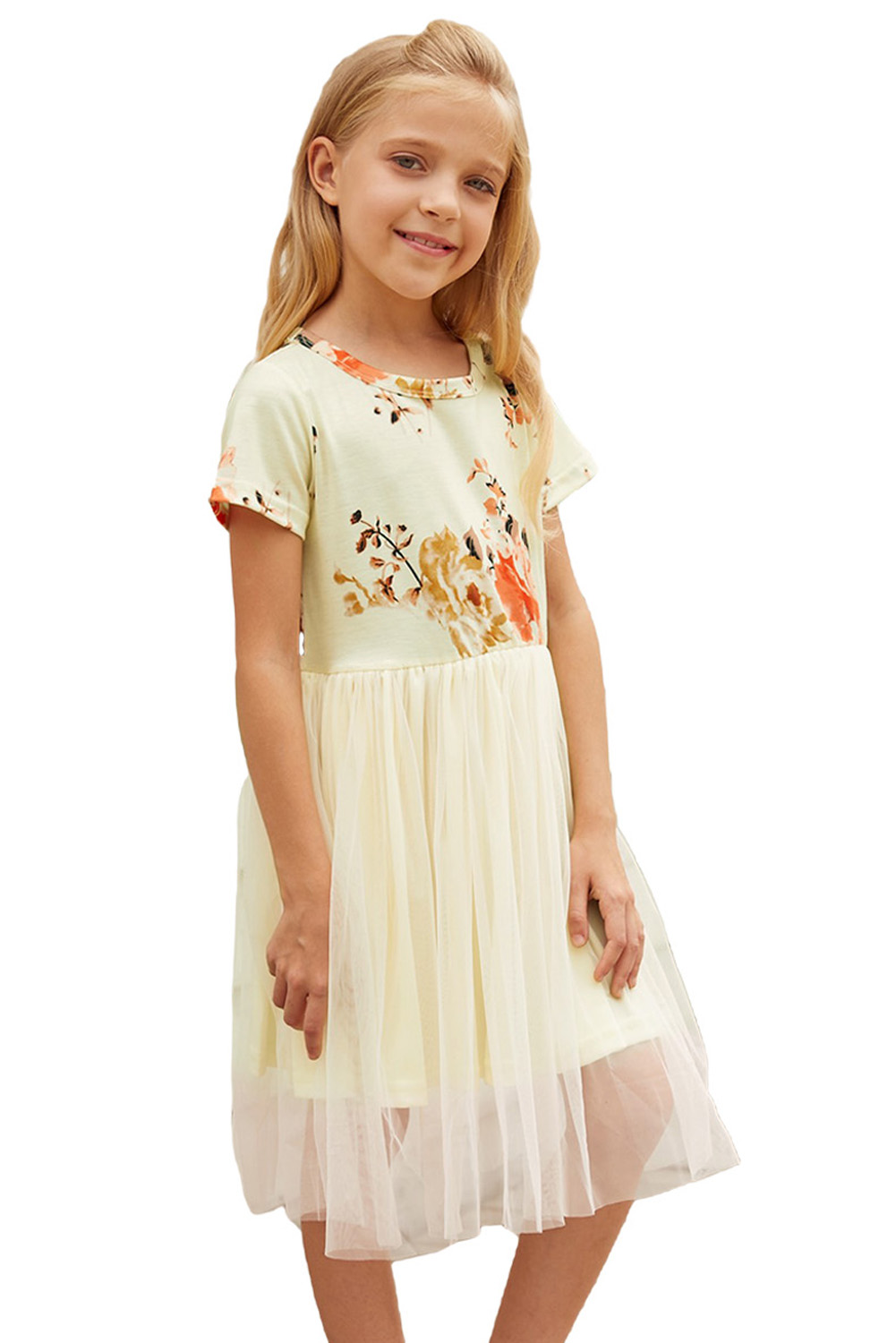 Short Sleeves Floral Bodice Empire Waist Kids Tulle Dress