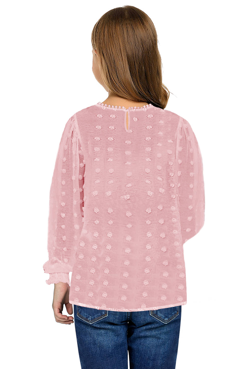 Pink Swiss Dot Lace Splicing Long Sleeve Girl's Blouse