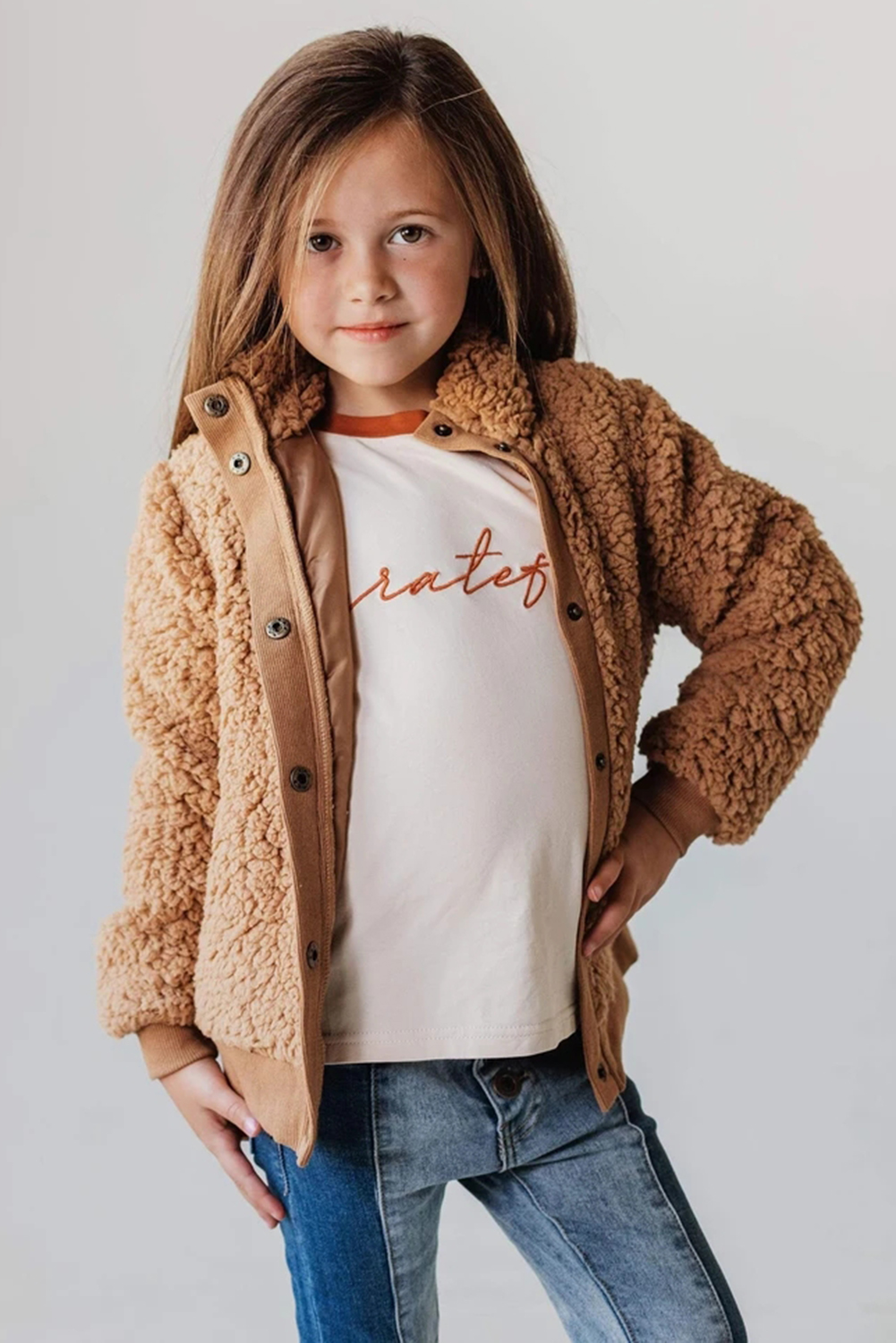 Brown Buttoned Solid Fleece Girl's Coat