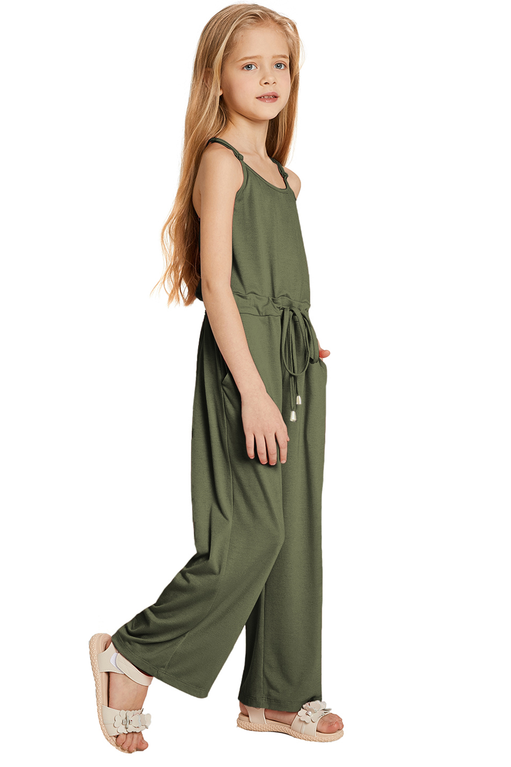 Green Spaghetti Strap Wide Leg Girls Jumpsuit