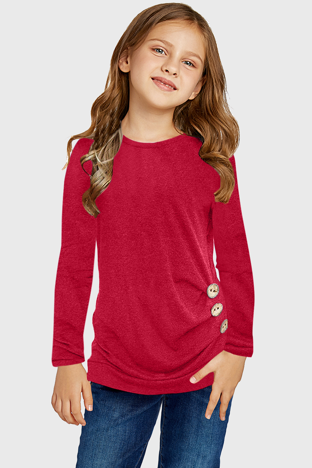 Red Little Girls Long Sleeve Buttoned Side Top