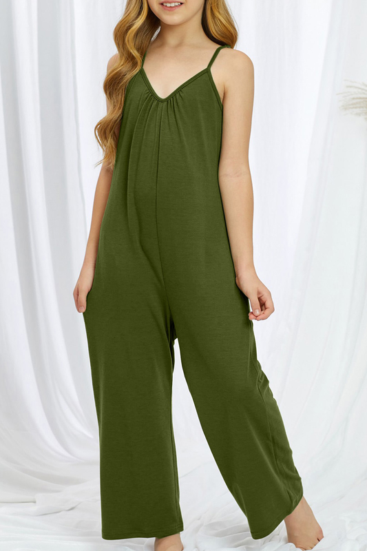 Green Spaghetti Strap Wide Leg Girl's Jumpsuit With Pocket