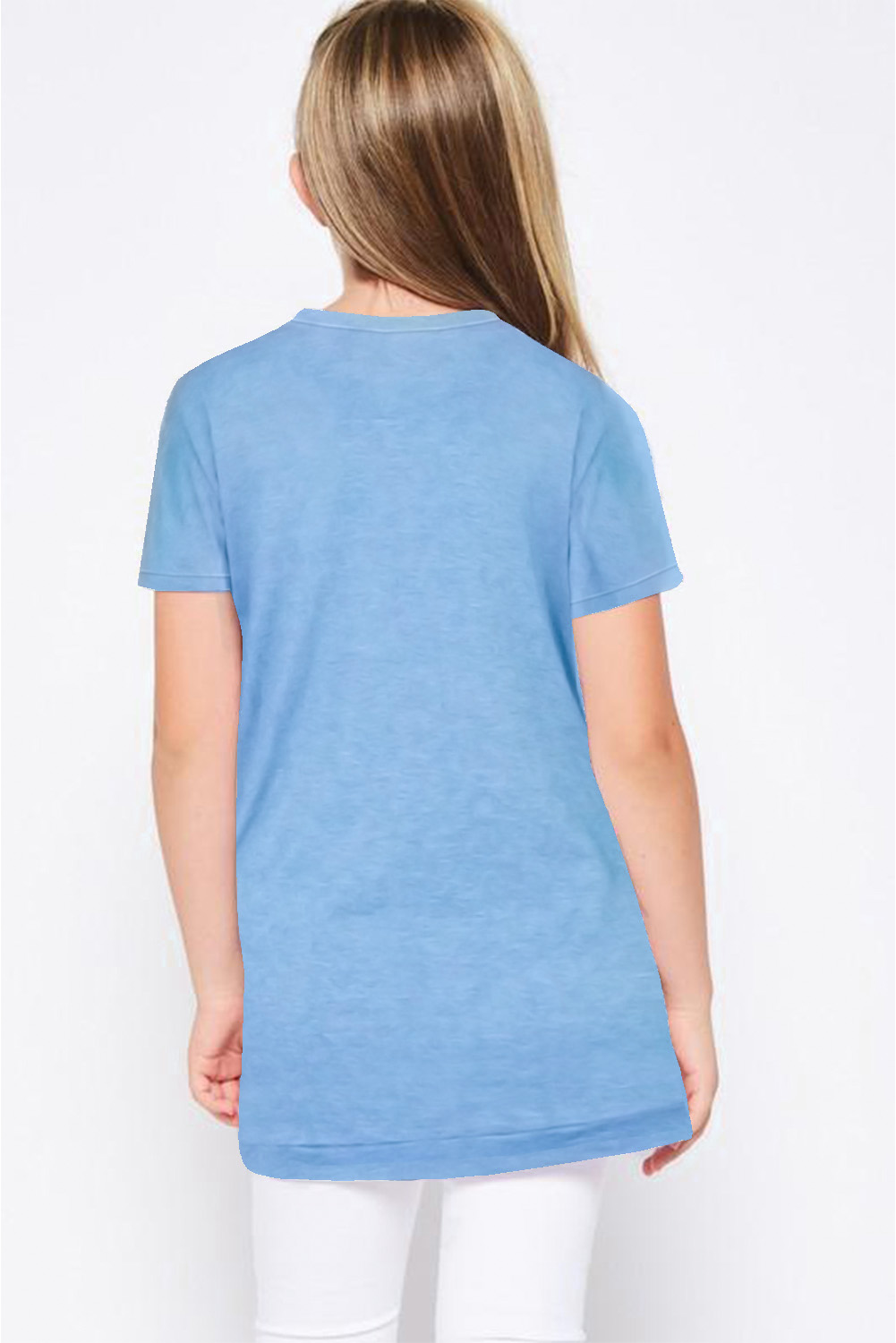 Sky Blue Buttoned Arched Hem Girls T-Shirt