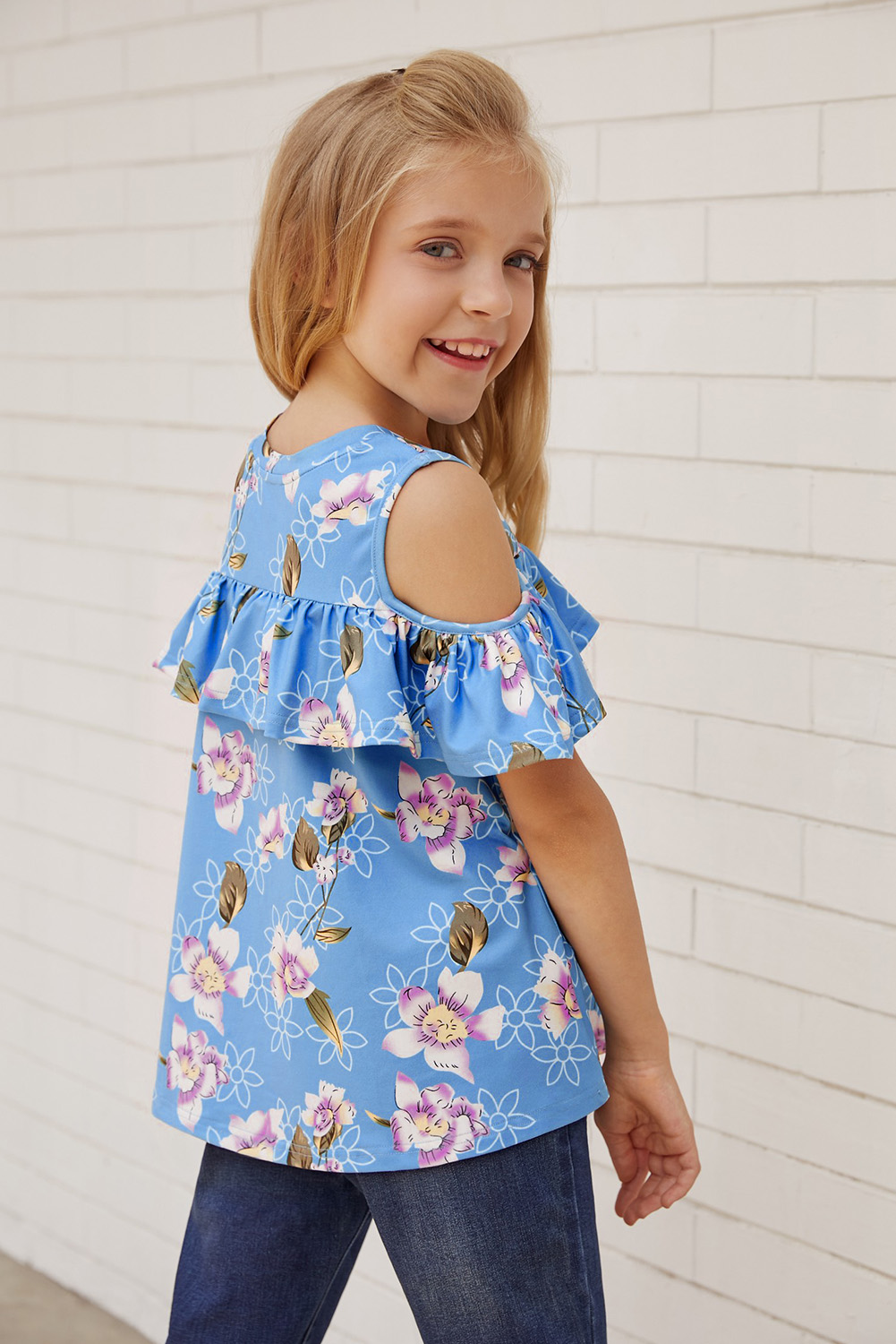 Sky Blue Ruffled Cold Shoulder Floral Girls' Top