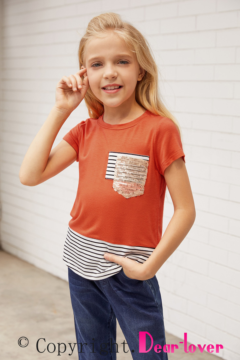 Sequins Pocket Splicing Stripes Girls' T-Shirt